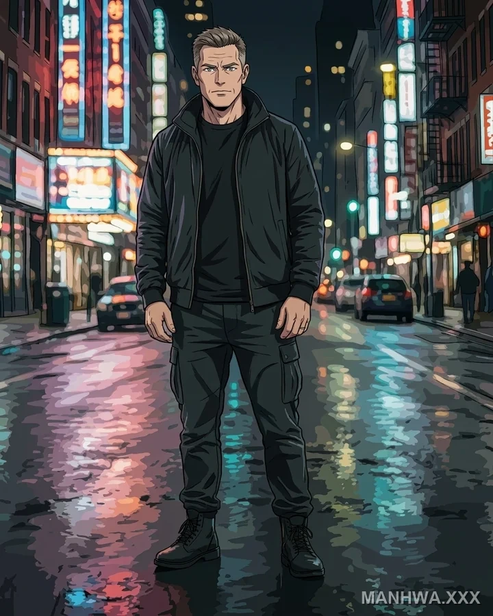 A full-length night street photo redrawn in anime style