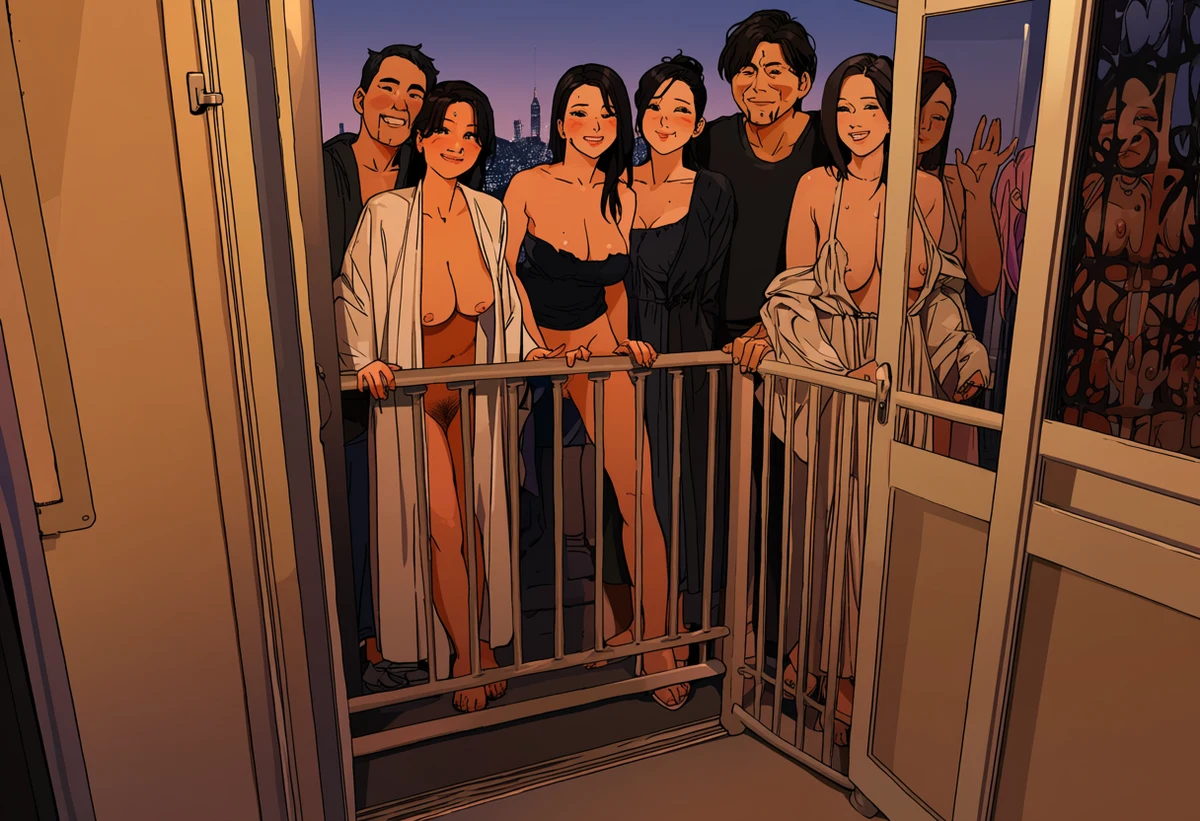 an adult woman age 32 pressed to the railing of a private balcony at dusk by her adult partner age 35, open silk robe falling from her shoulders, city heat haze, explicit adult manhwa art style