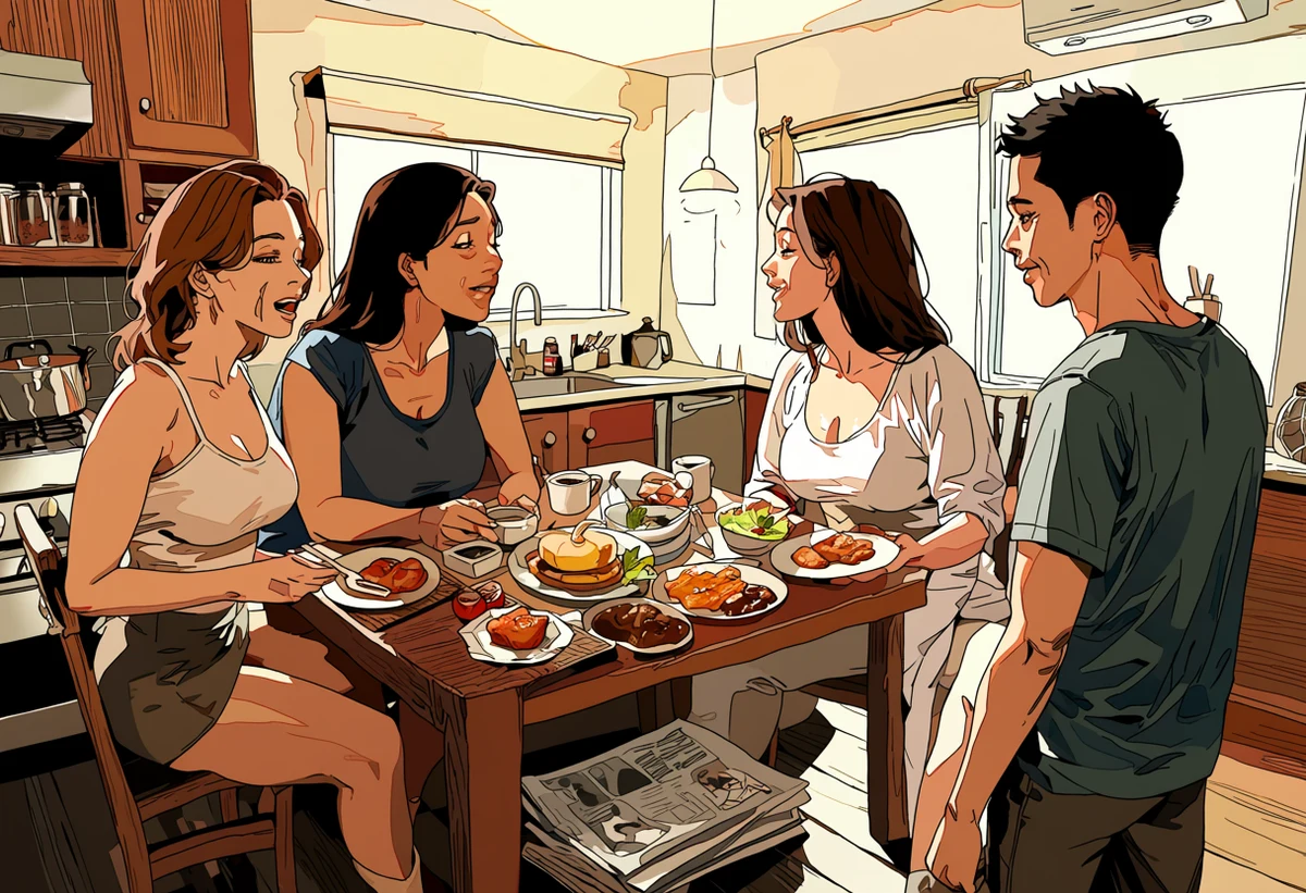an adult couple age 37 and 35 abandoning breakfast for each other in a sunlit kitchen, a newspaper sliding to the floor, erotic romance manhwa art style
