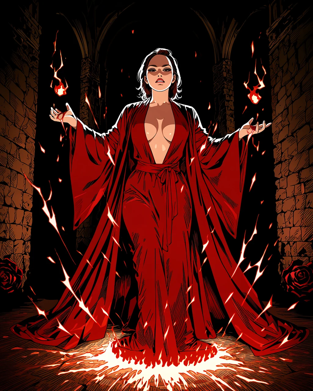 an adult fire mage woman age 32 in an open crimson robe with sparks and dark roses rising around her, dramatic underlighting in a stone hall, adult fantasy manhwa art style