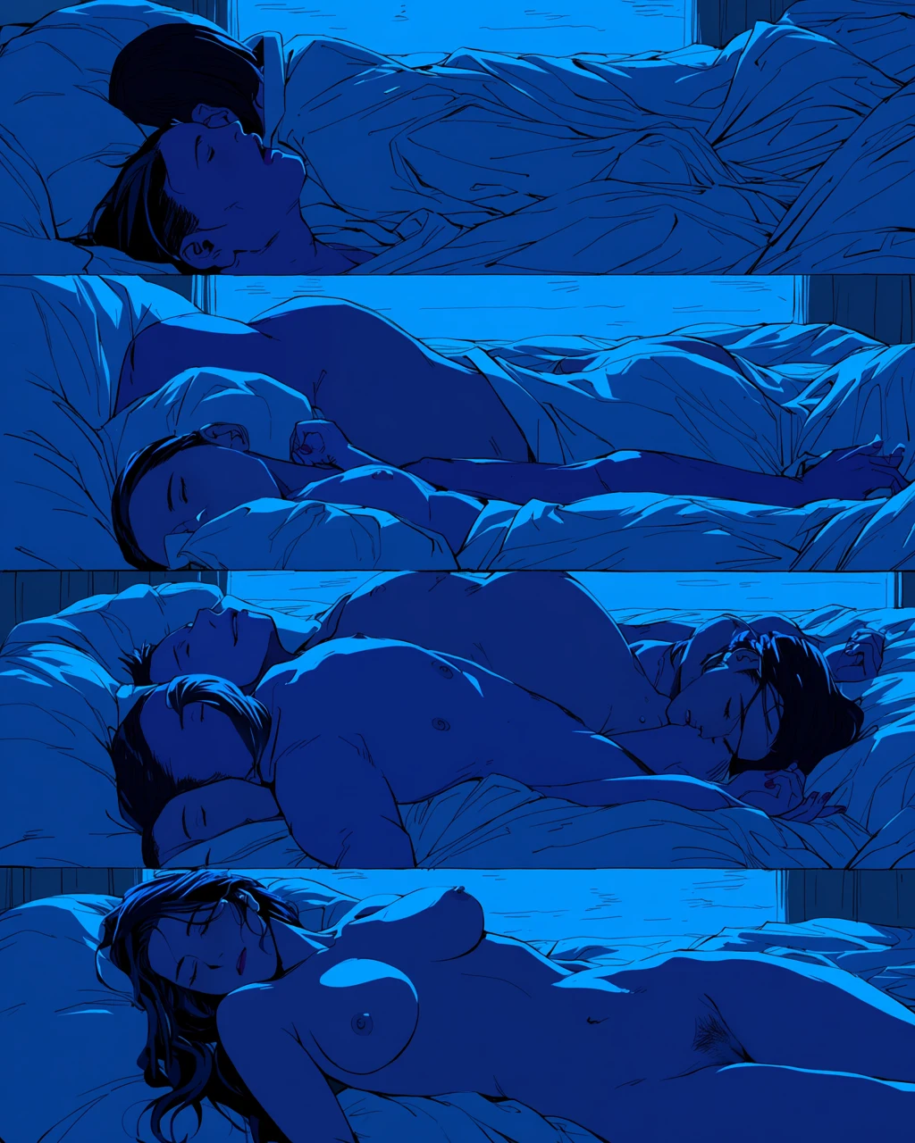 a fully nude adult couple age 34 and 37 asleep uncovered at dawn, unobscured anatomy, pale blue light, explicit adult manhwa art style