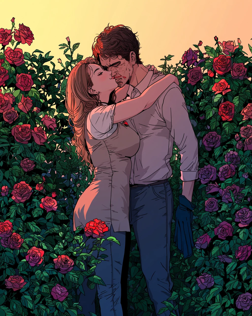 an adult couple age 55 and 52 embracing among overgrown roses at dusk, gardening gloves dropped, warm low sun, mature adult manhwa art style