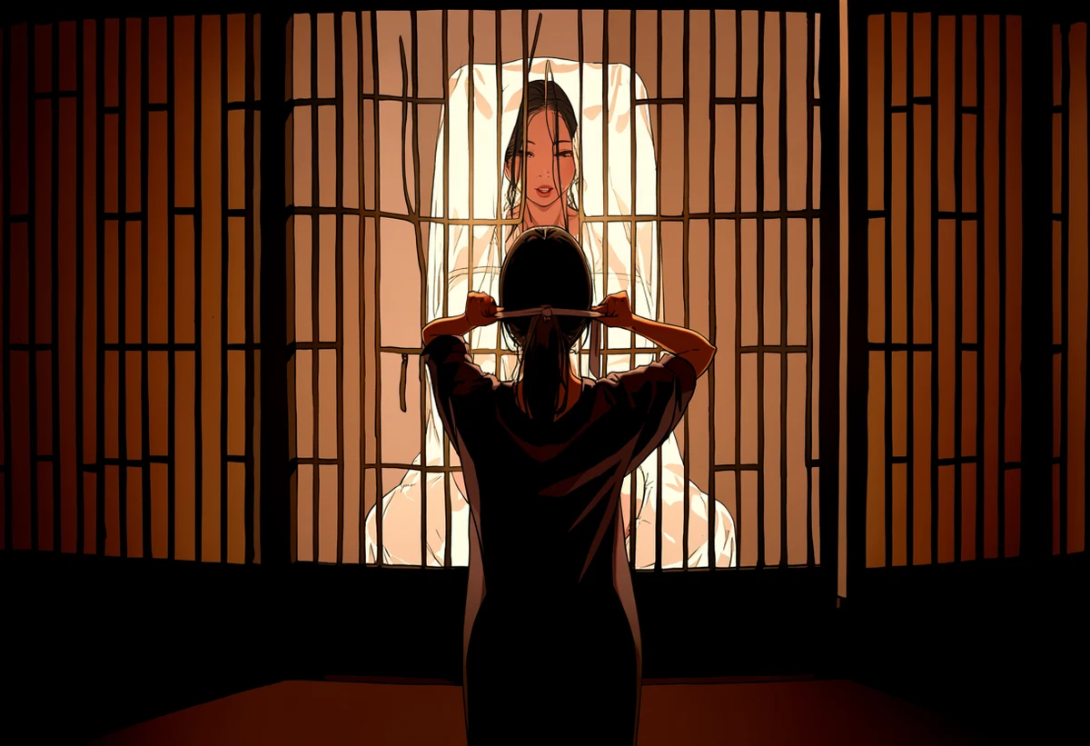 an adult woman age 35 unfastening a jeogori ribbon before a paper screen with her adult partner's silhouette behind it, candlelight through hanji, korean manhwa art style