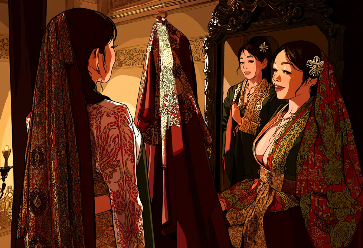 an Indonesian adult woman age 35 unhooking an embroidered kebaya before a carved mirror, jasmine in her hair, warm dim bedroom, explicit adult illustration