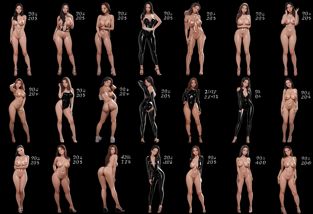 an adult woman age 36 in a glossy latex bodysuit on a dark studio set, sharp specular highlights, high-end material work, 3d rendered adult scene