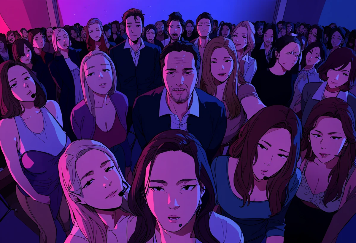 an adult couple age 32 and 38 alone in a private norebang room after midnight, microphone dropped, pink and blue screen light, korean manhwa art style