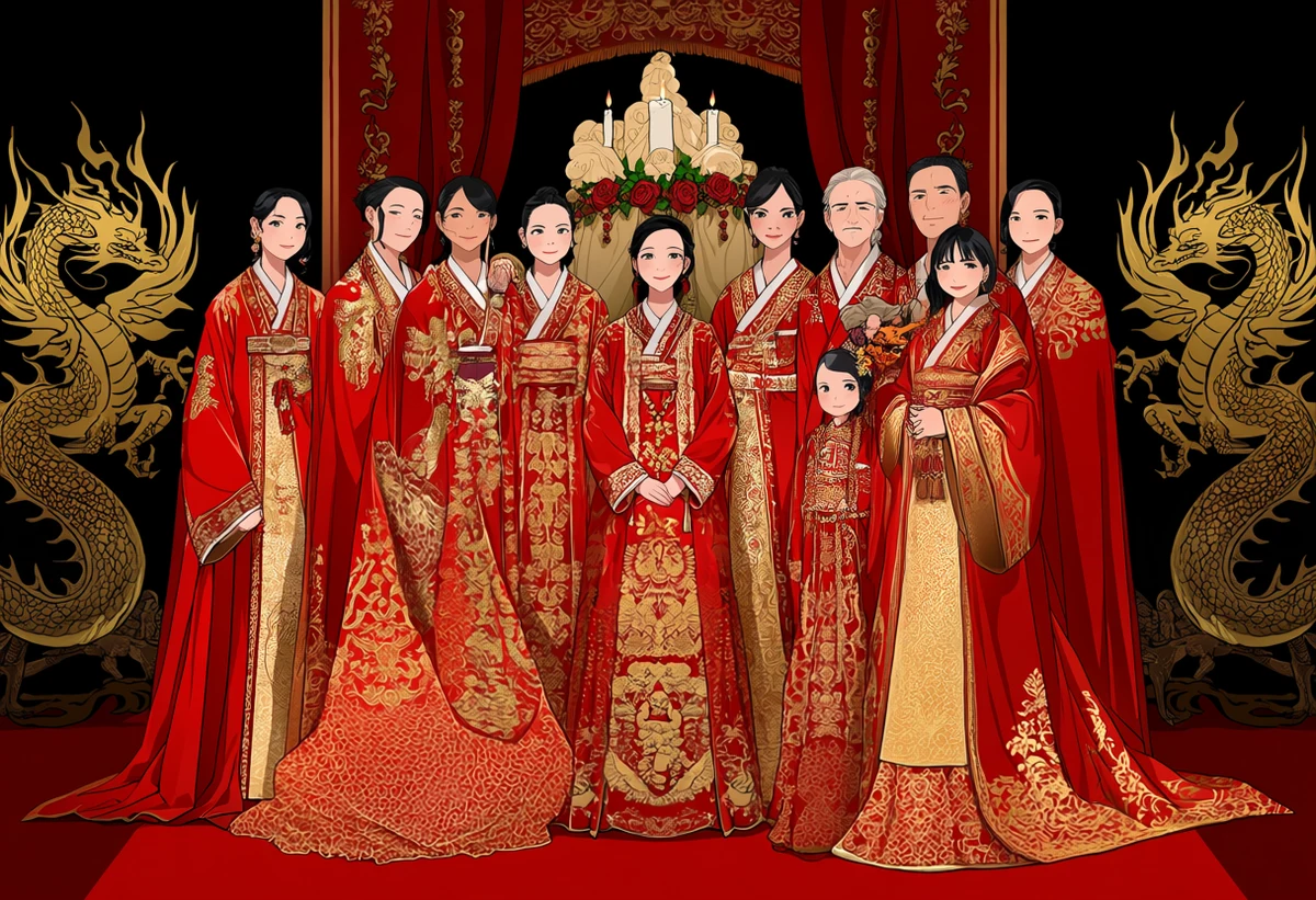 an adult married couple age 34 and 32 on their wedding night in a red silk chamber, dragon and phoenix candles, gold embroidery, adult manhua art style