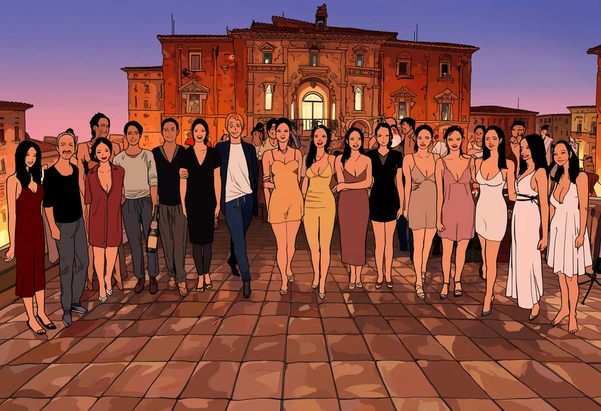 an Italian adult couple age 32 and 35 on a Trastevere rooftop at dusk, terracotta tiles, a wine bottle, her dress slipping from a shoulder, explicit adult illustration