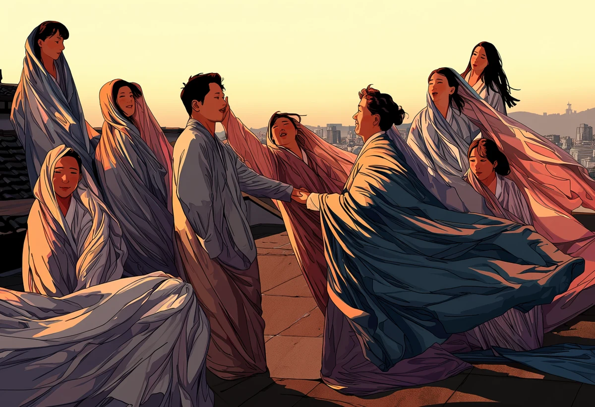 an adult couple age 35 and 39 reaching for each other among drying sheets on a Seoul rooftop at golden hour, fabric moving in the wind, korean manhwa art style
