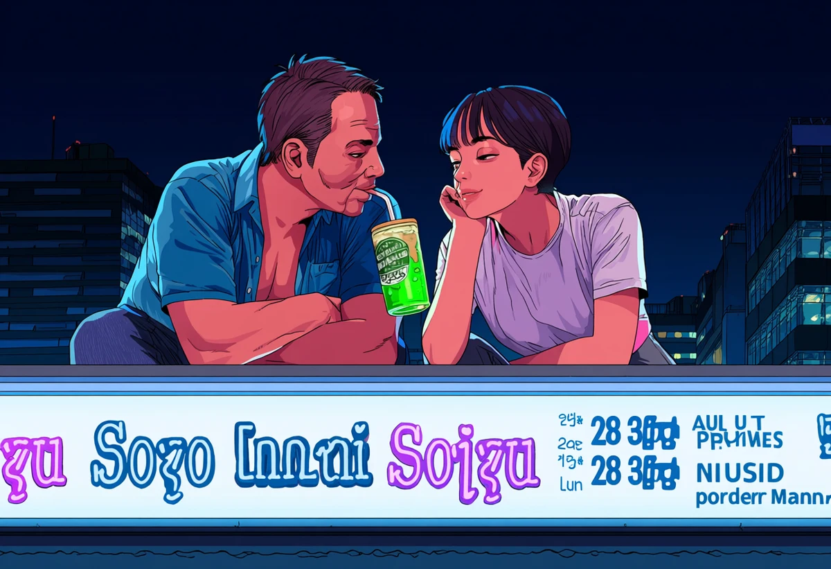 an adult couple age 32 and 35 sharing soju on a rooftop in summer, his shirt half open, neon signage below, humid night air, adult manhwa art style