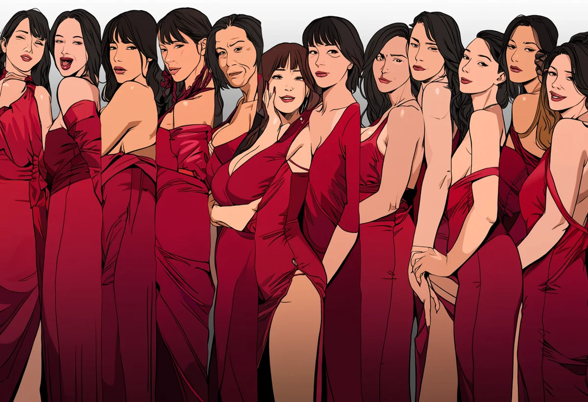 an adult woman age 37 in a red slip dress with her adult partner behind her, vertical webtoon key art banner, bold gradient background