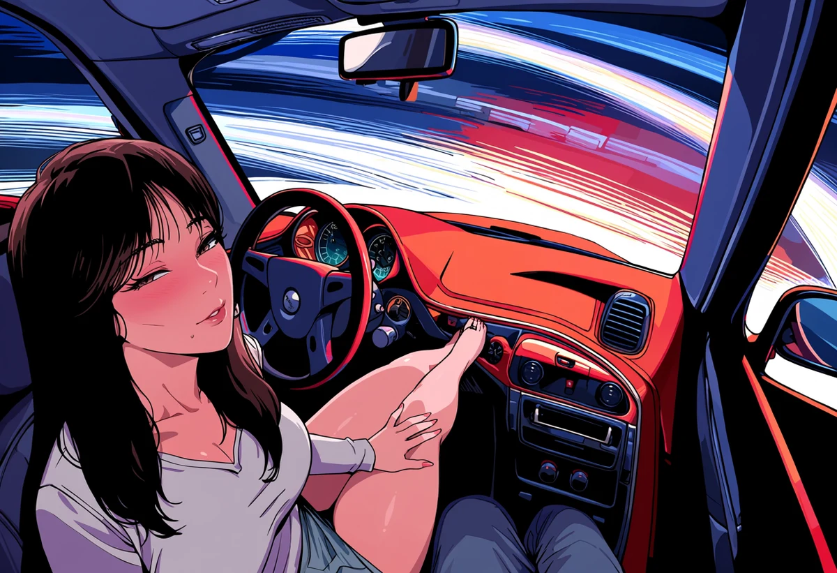 an adult woman age 32 with her hand on her adult partner's thigh in a moving car, Seoul expressway lights streaking past the windscreen, korean manhwa art style
