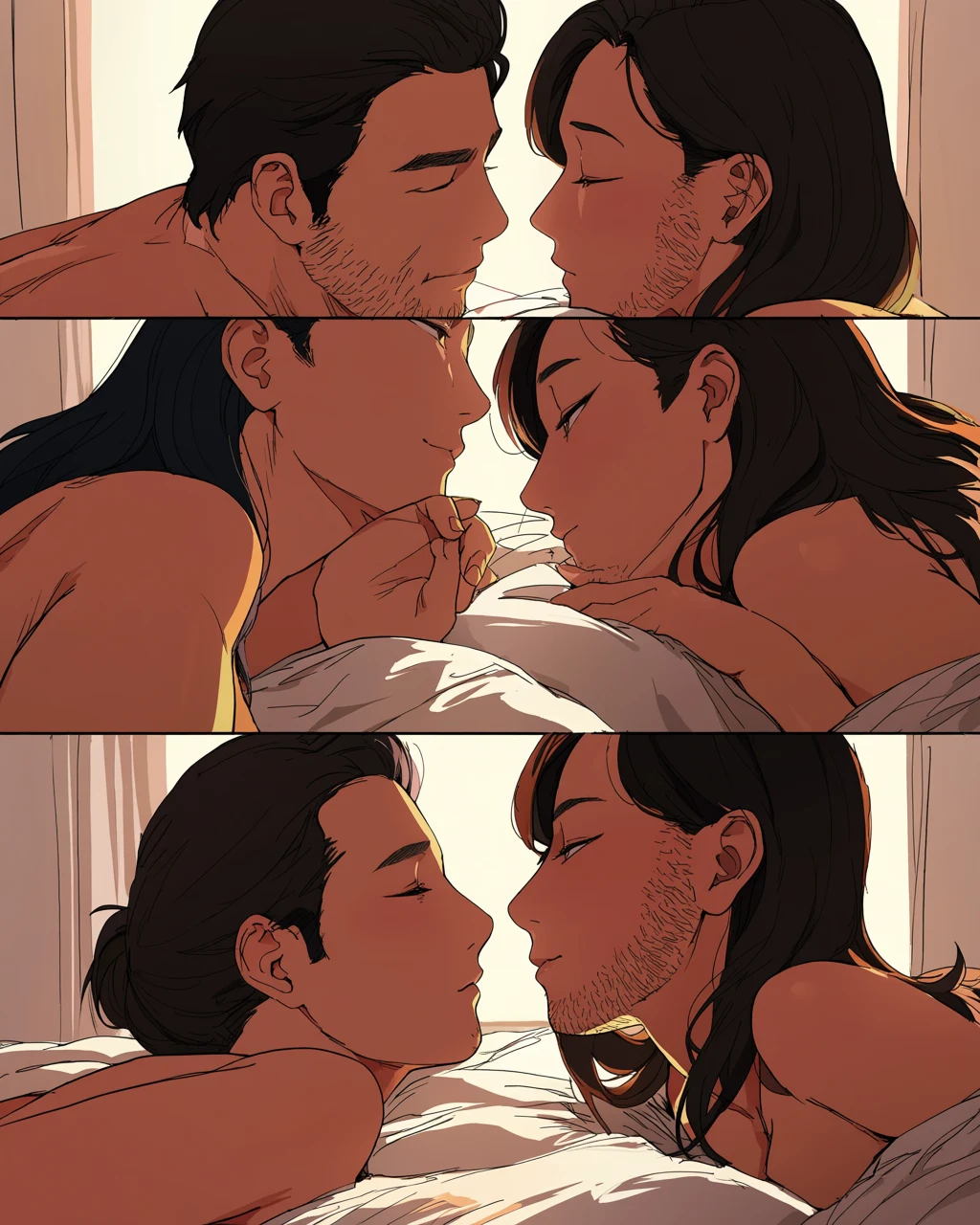 a nude adult couple age 49 and 53 lying face to face in soft morning light, mature bodies drawn with warmth and dignity, mature adult manhwa art style