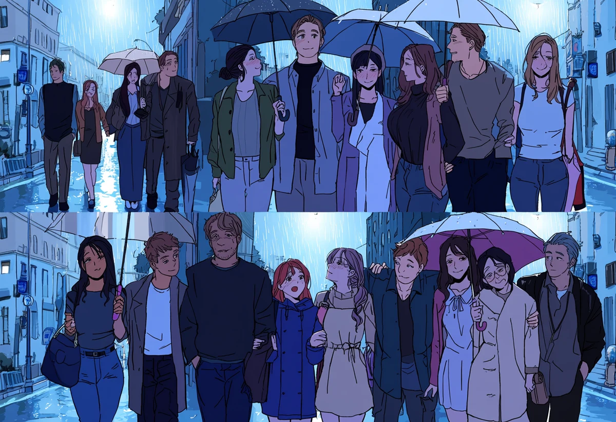 an adult couple age 33 and 36 sharing one umbrella on a rainy street at night, shoulders soaked, looking at each other instead of the road, adult romance manhwa art style